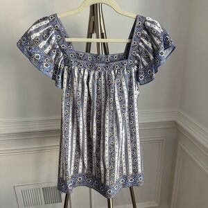 Max Studio Blue and White Striped Floral Square Neck Boho Top Size Small